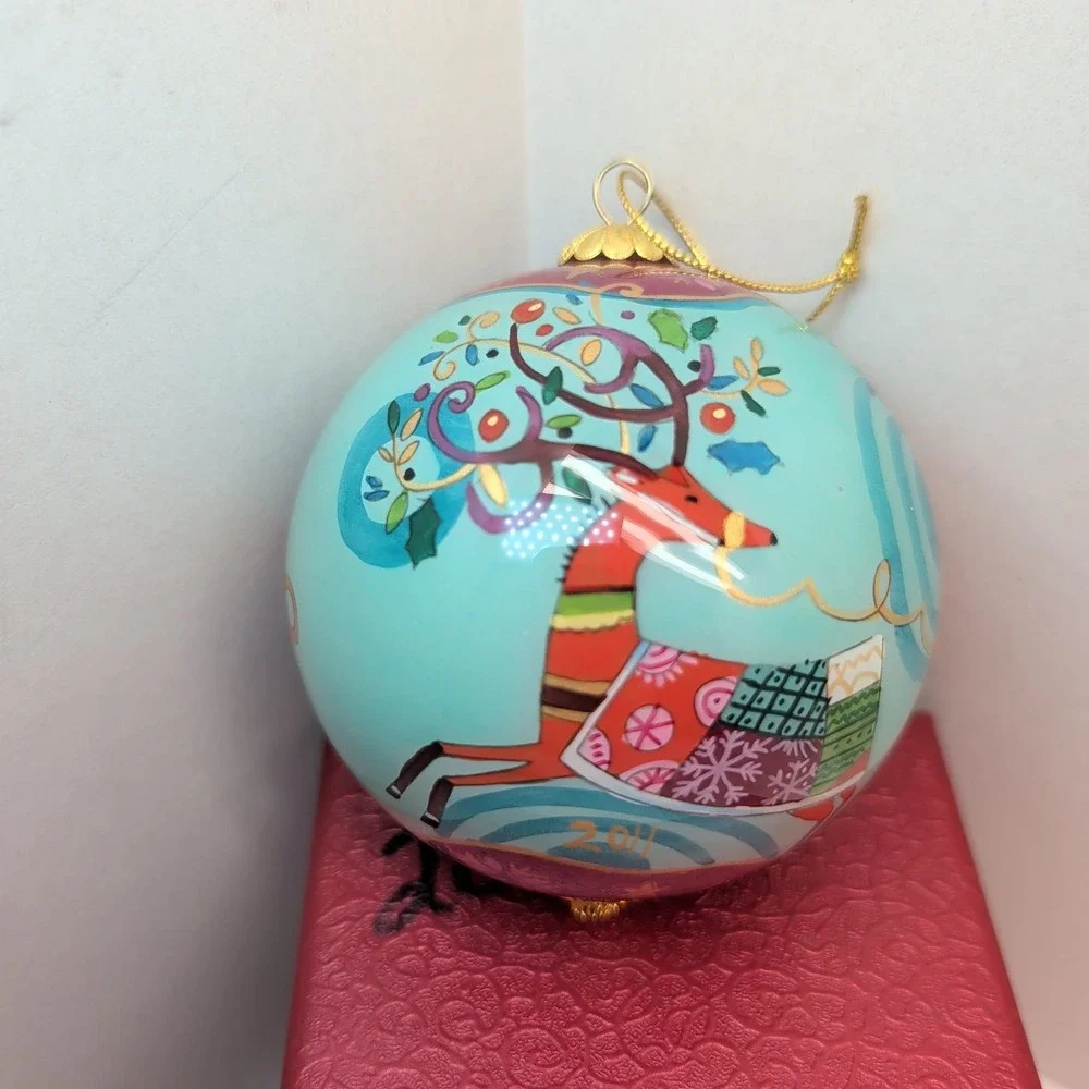 Pier 1 Li Bien 2011 Santa Sleigh Reindeer Hand Painted Glass Christmas Ornament